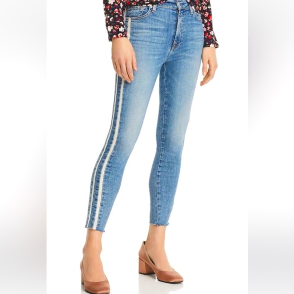 7 FOR ALL MANKIND Women's white Racing stripe Ankle Skinny Jeans size 27 - Picture 1 of 7
